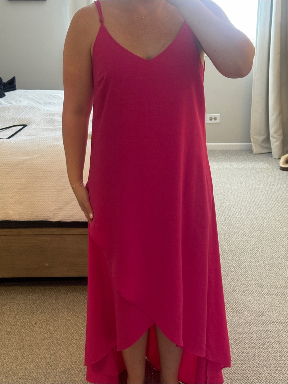 Lulu's Hot Pink V-Neck High-Low Slip Dress